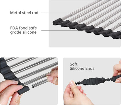 Large Telescopic Drain Rack Roll Up Rack Heat-Resistant Dish Drainer Kitchen Sink Rack Over The Sink Dish Drying Rack Stainless Steel Dish Rack (18 Tube 21.25''x12.79'')