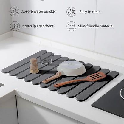 24"×16" Grey Stone Dish Drying Mats for Kitchen Counter, Large Quick Dry Collapsible Eco-Friendly Super Absorbent Diatomaceous Earth Heat-resistant Mat for Dishes Bottles Cups, Match Any Countertop
