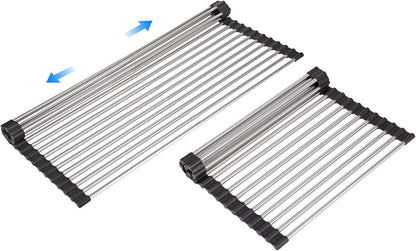 Large Telescopic Drain Rack Roll Up Rack Heat-Resistant Dish Drainer Kitchen Sink Rack Over The Sink Dish Drying Rack Stainless Steel Dish Rack (18 Tube 21.25''x12.79'')