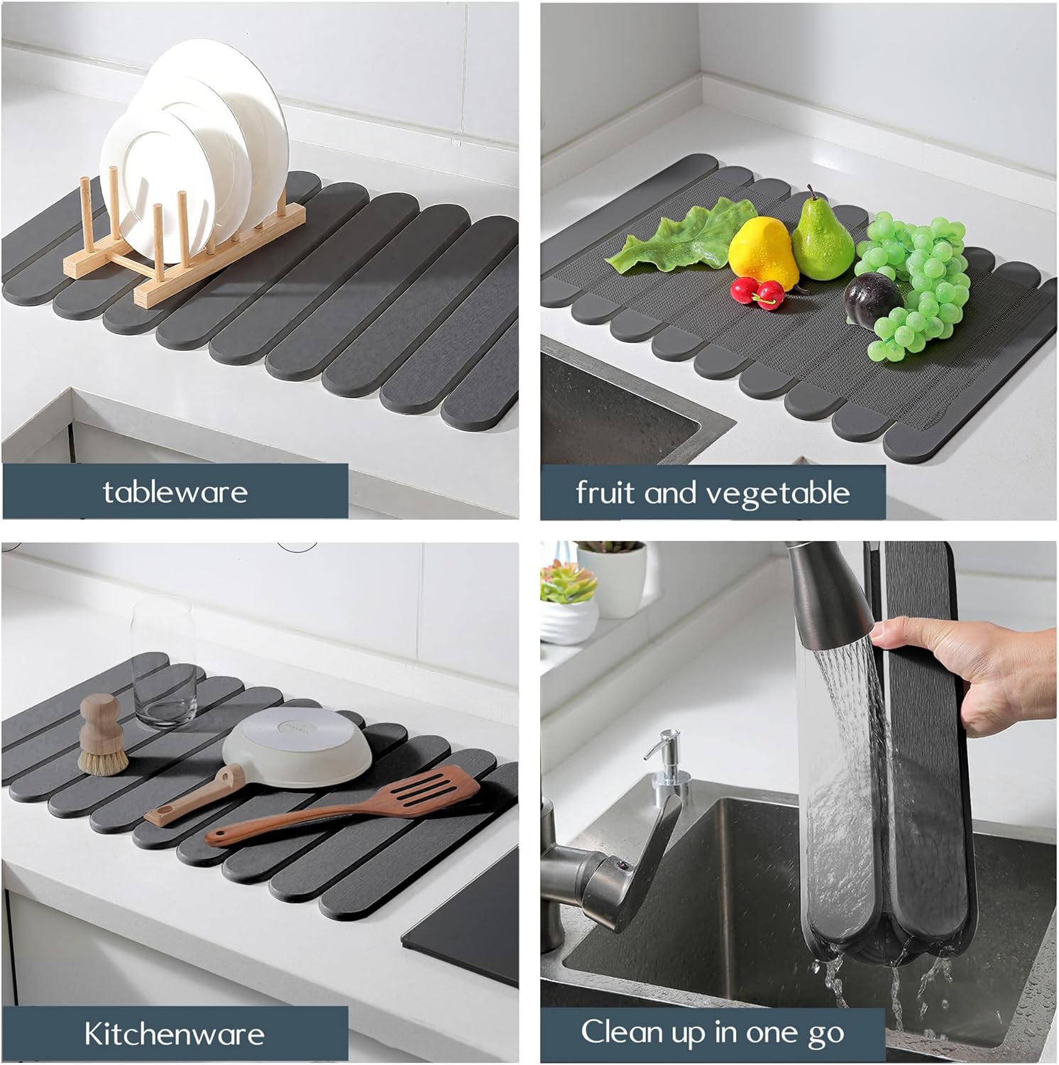 24"×16" Grey Stone Dish Drying Mats for Kitchen Counter, Large Quick Dry Collapsible Eco-Friendly Super Absorbent Diatomaceous Earth Heat-resistant Mat for Dishes Bottles Cups, Match Any Countertop